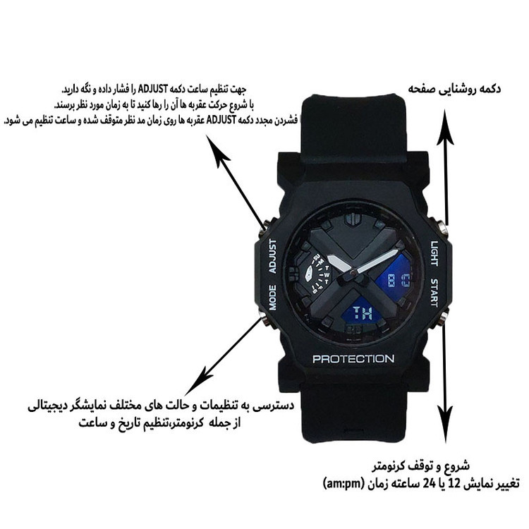 ساعت مچی عقربهای کوارتز مردانه مدل دو زمانه کرنومتر دار موتور پمپی کد GA-2300BK