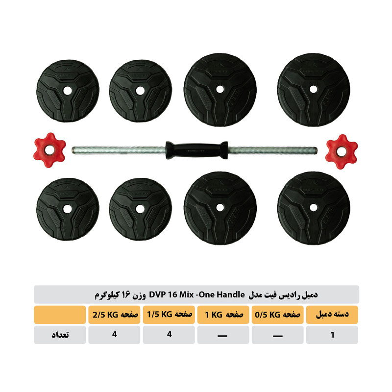 دمبل گرد قابل تنظیم 16 کیلوگرم رادیس فیت مدل DVP16-Mix1-one handle
